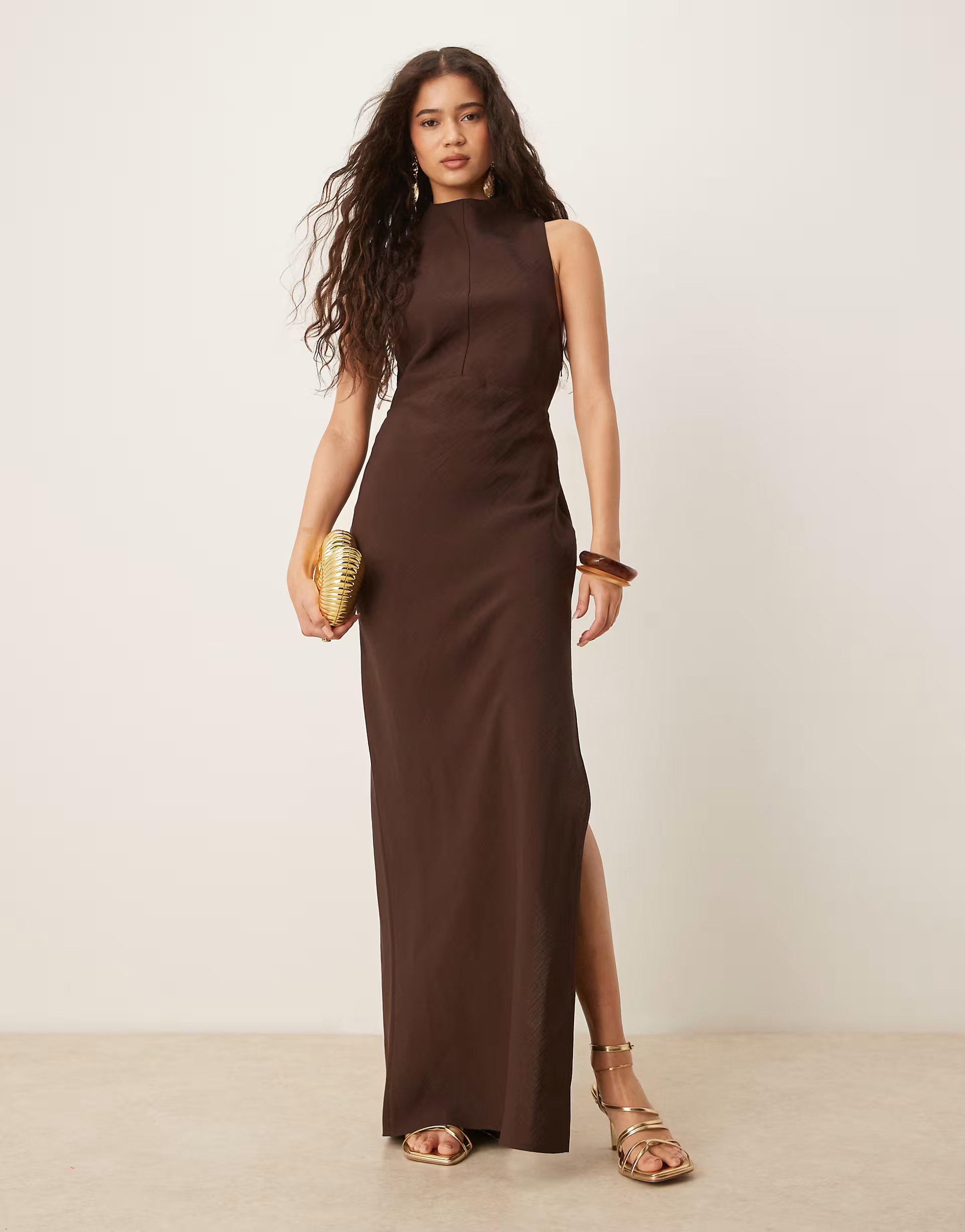 ASOS DESIGN high neck maxi dress with hardware trim in chocolate | ASOS | ASOS (Global)