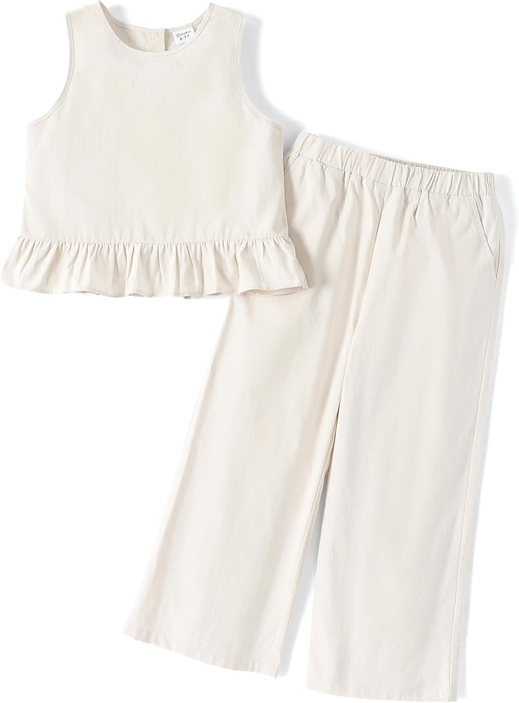 PATPAT Girls Clothing Set Linen Sleeveless Button Back Tank Crop Tops and Wide-Leg Ankle Pants wi... | Amazon (US)