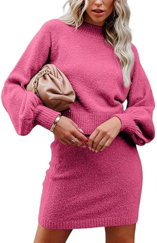 Dokotoo Women's 2 Piece Outfits Sweater Set Puff Long Sleeve Knit Cropped Top and Bodycon Skirt D... | Amazon (US)