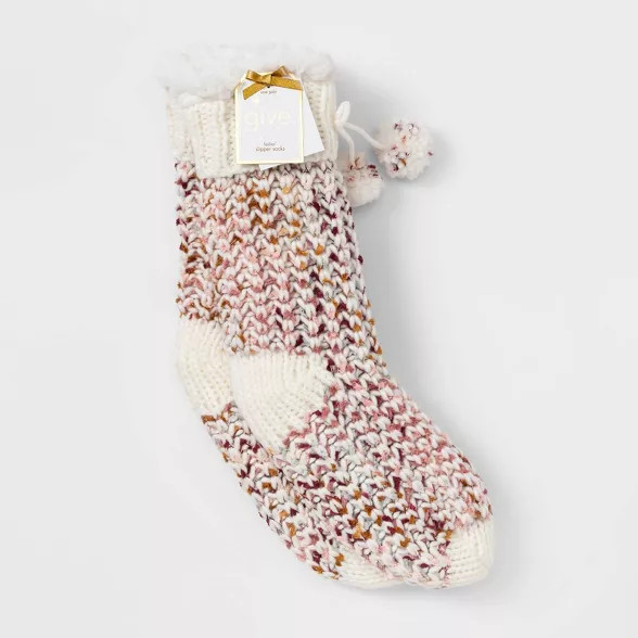 Women's Sweater Knit Sherpa Lined Slipper Socks with Grippers - Ivory 4-10 | Target