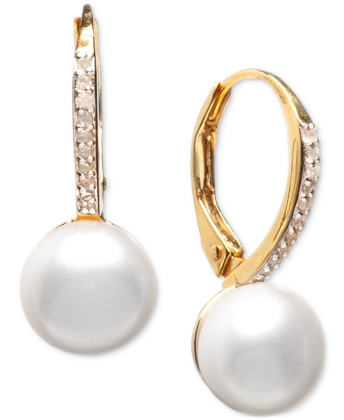 Cultured Freshwater Pearl (10mm) and Diamond (1/10 ct. t.w.) Leverback Earrings in Sterling Silver or 18k Gold over Sterling Silver - Gold | Macy's
