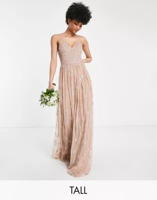 Beauut Tall Bridesmaid delicate embellished maxi dress with tulle skirt in taupe | ASOS (Global)
