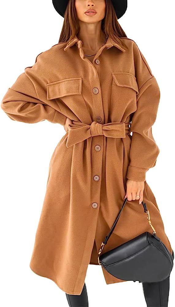 chouyatou Women's Fall Winter Wear Single Breasted Belted Long Wool Coat Shacket | Amazon (US)