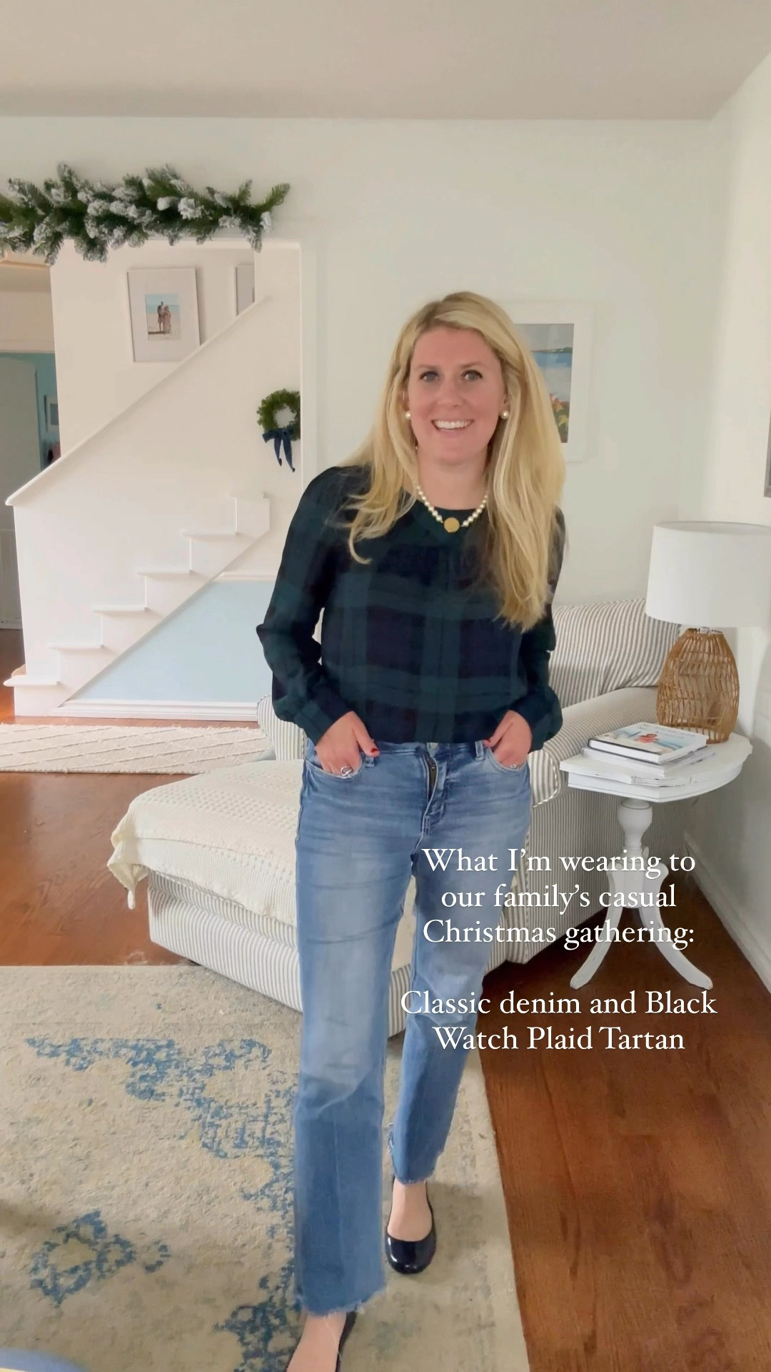 A favorite classic outfit every holiday season: my @jcrewfactory Black Watch plaid blouse and my favorite @shop_avara jeans. The blouse is no longer available but there is a dress, sleeveless shell, and cute pants that I linked! 
Plaid, Black Watch tartan, denim jeans, navy flats, pearls, Christmas outfit, holiday outfit 

#LTKHoliday #LTKFindsUnder100 #LTKSeasonal