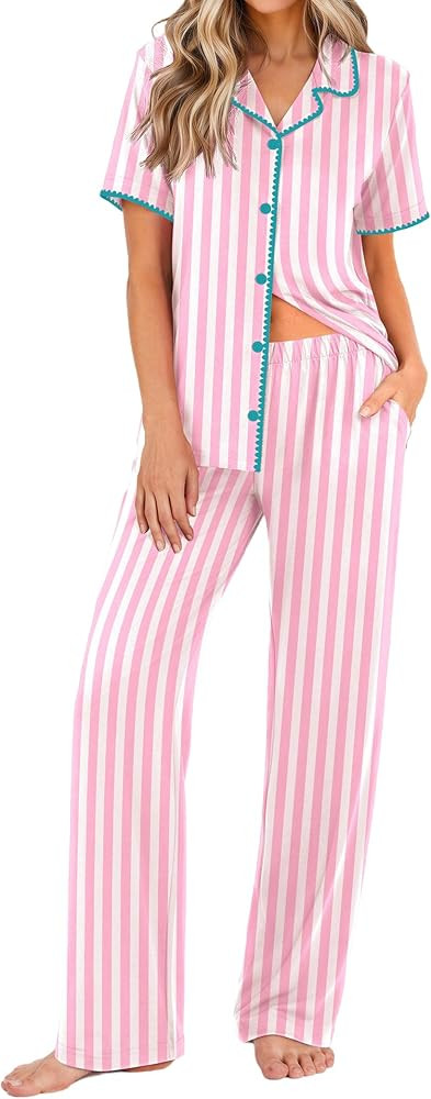Ekouaer Women's Pajama Sets Button Down Loungewear Short Sleeve Sleepwear 2 Piece Pants Pjs Set w... | Amazon (US)