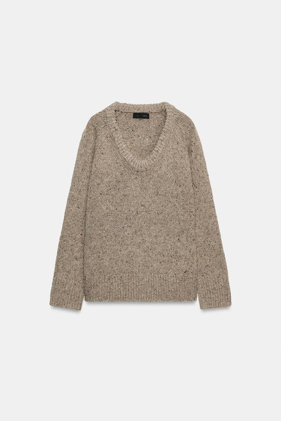 Zara - Round Neck Wool Blend Jumper - Mink Marl - L - Woman | Zara UK