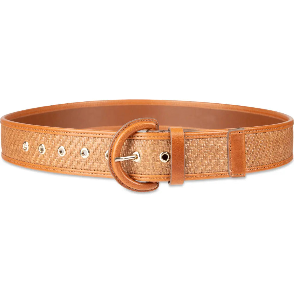 Cole Haan Leather Trim Raffia Belt in Tan/Natural at Nordstrom, Size Large | Nordstrom