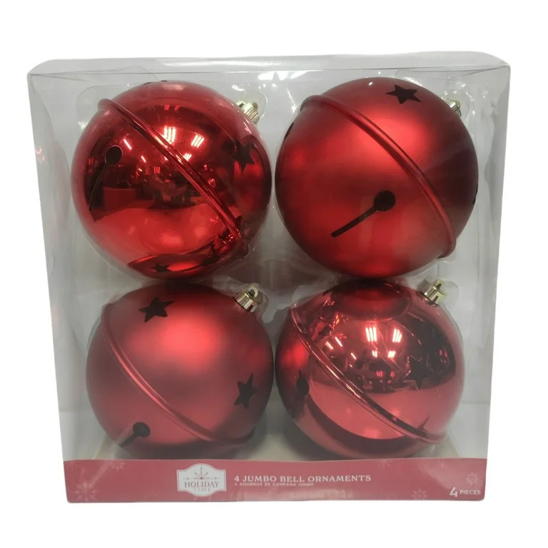 Red Jumbo Bell Shatterproof Christmas Ornaments, 4 Count, by Holiday Time | Walmart (US)