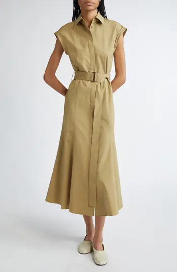 Lafayette 148 New York Cap Sleeve Cotton Poplin Belted Shirtdress in Loden Green at Nordstrom Rack | Nordstrom Rack