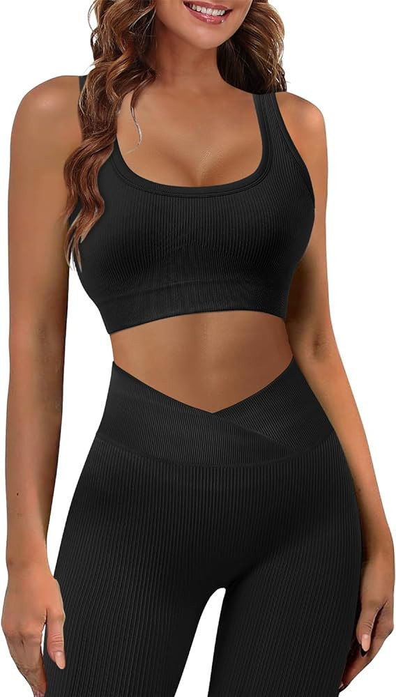 JZC Workout Outfits for Women 2 Piece Ribbed Seamless Yoga Leggings Exercise Sets | Amazon (US)