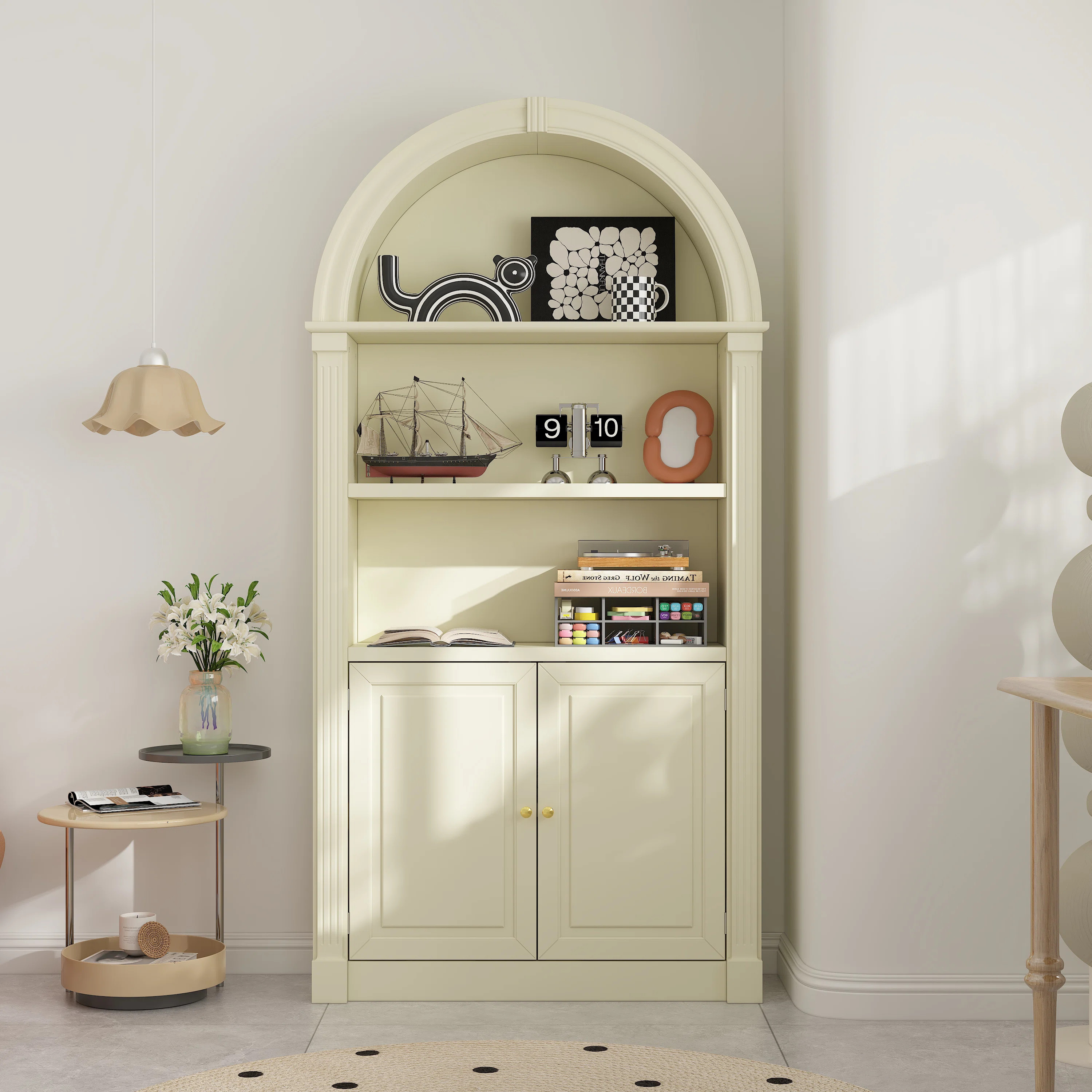 Cream Arch Top Wood Bookcase With Cabinet Doors, 71" Tall Display Shelf For Living Room & Office | Wayfair North America