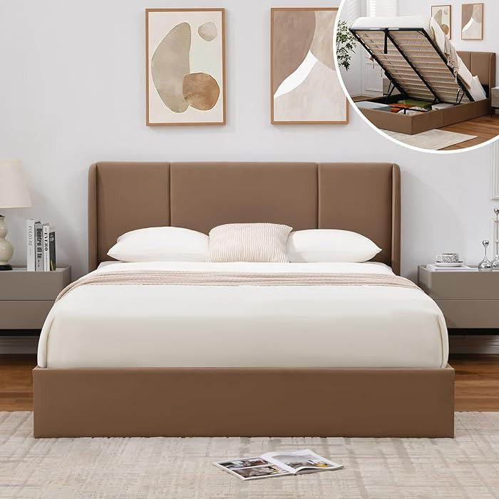 VELOCAVA Full Size Lift Up Storage Bed, Brown Velvet Upholstered Wingback Headboard, Modern Gas L... | Amazon (US)
