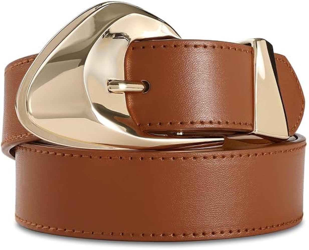 Brown Leather Stylish Belt with Shiny Gold Metal Buckle Unique Inflated Design for Casual Fashion... | Amazon (US)