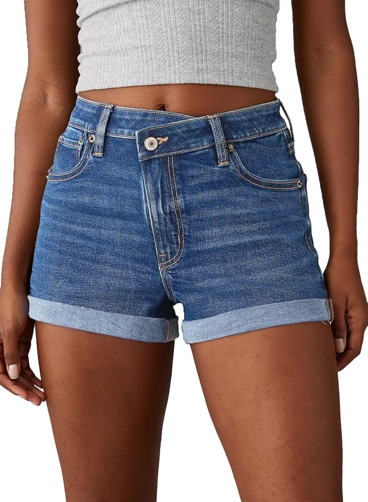Sidefeel Women's Jean Shorts High Waisted Stretchy Casual Rolled Hem Zimbaplatinum Denim Shorts | Amazon (US)