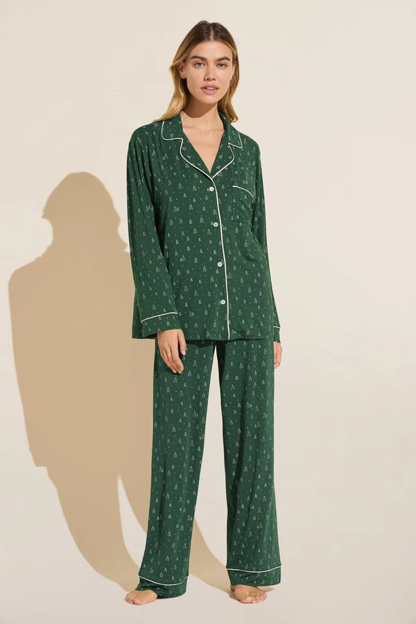 Gisele Printed TENCEL™ Modal Long PJ Set - Winterpine Forest Green/Ivory | Eberjey