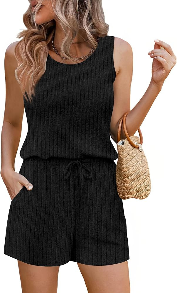 Ekouaer Rompers for Women Summer 2025 Casual Sleeveless Scoop Neck Tank Top Ribbed Short Jumpsuit... | Amazon (US)