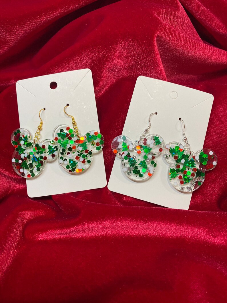 Christmas Tree Glitter Mouse Head Earrings | Etsy (US)