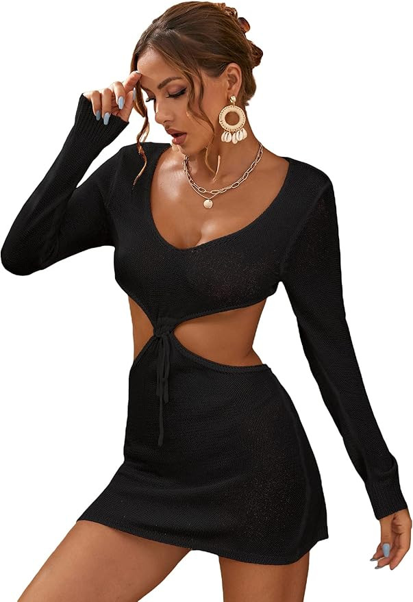 SOLY HUX Women's Cut Out Tie Front Long Sleeve Crochet Beach Swimsuit Bikini Cover Up | Amazon (US)