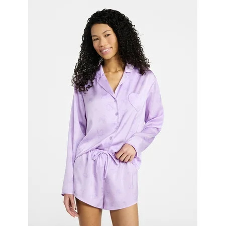 No Boundaries Sleepwear Satin Long Sleeve Button-Up Top and Shorts Set, 2-Piece, Women’s XS-XXL | Walmart (US)
