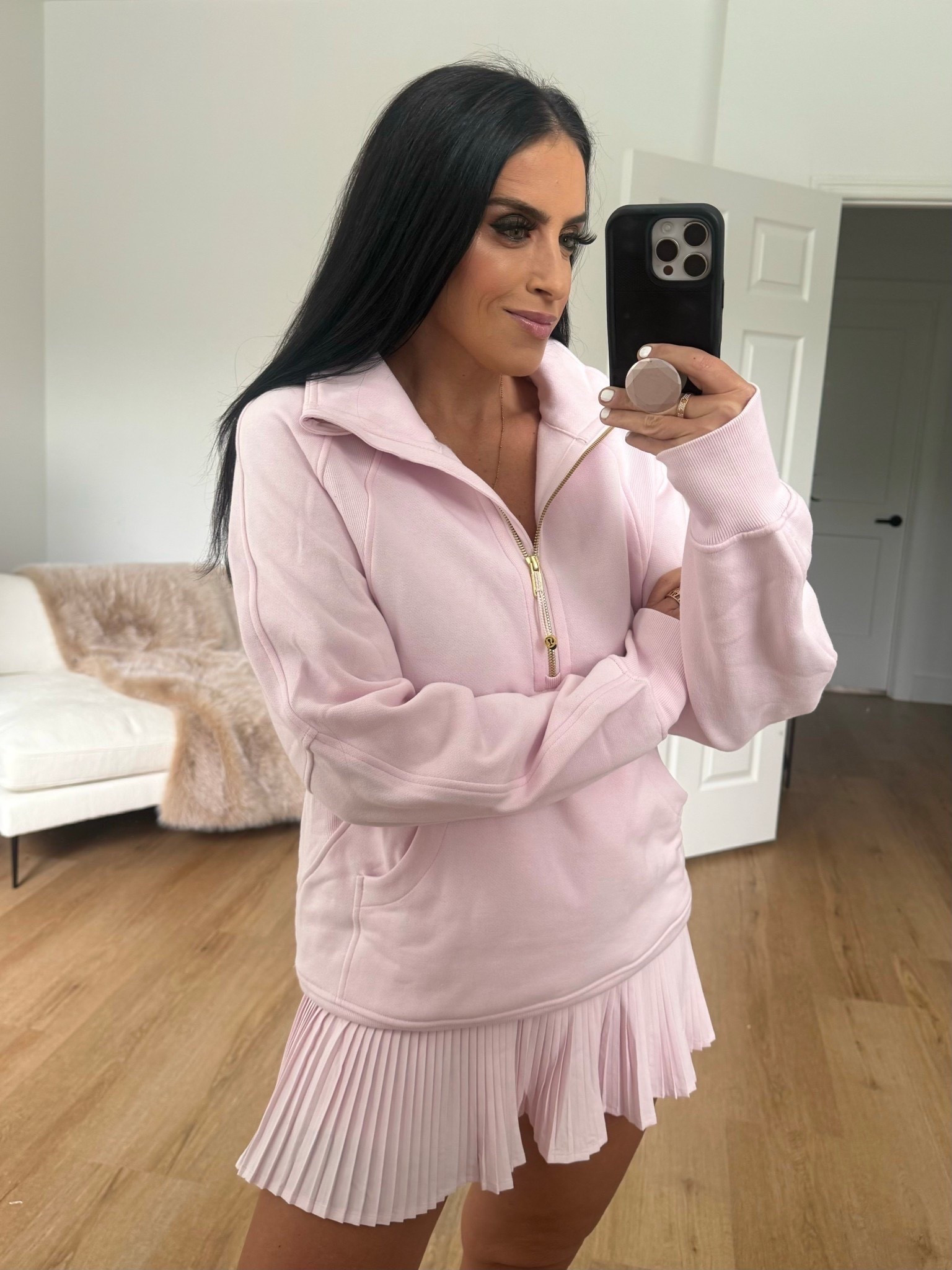 Lululemon tennis skort in pink wearing size 6. Scuba oversized sweatshirt wearing size small 