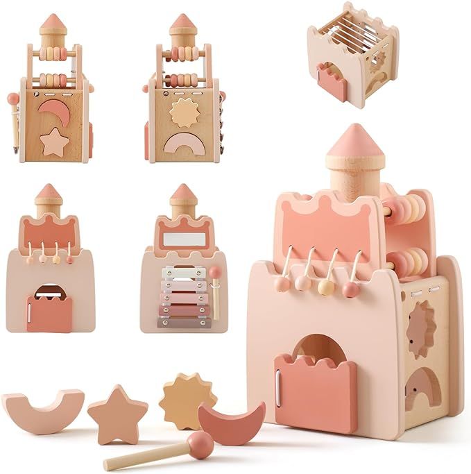 Wooden Baby Activity Cube for Toddlers 1-3,5 in 1 Castle Shape Sorter Bead Maze Montessori Toys f... | Amazon (US)