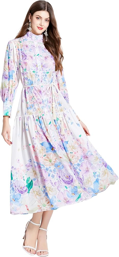 LAI MENG FIVE CATS Women's Floral Print Puff Sleeve Casual Button Up Long Dress | Amazon (US)