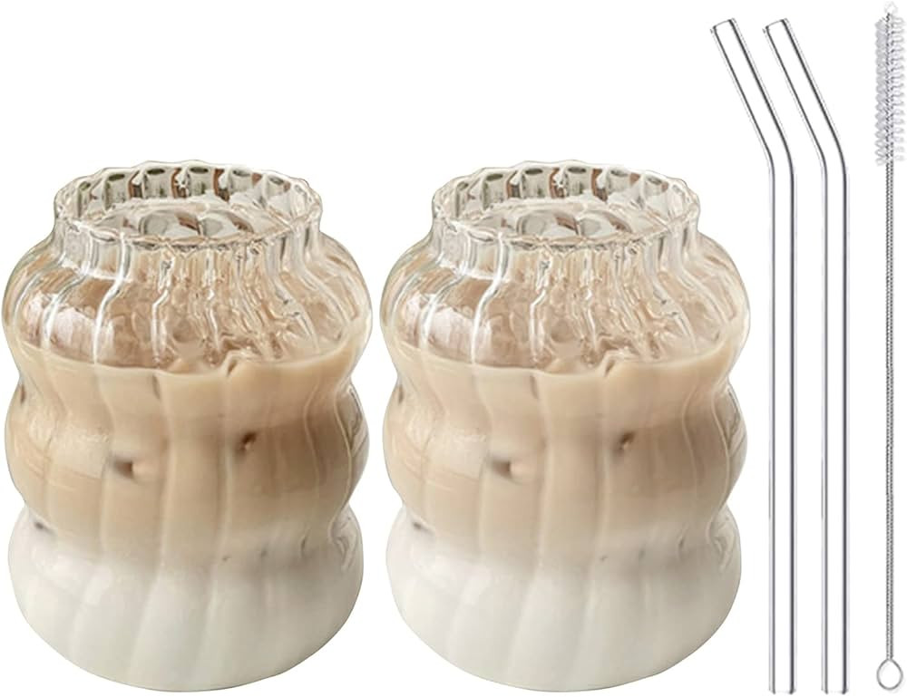 2 Pcs Ribbed Glassware Drinking Glasses with Straws, 18oz Ripple Glass Cups, Iced Coffee Glasses,... | Amazon (US)