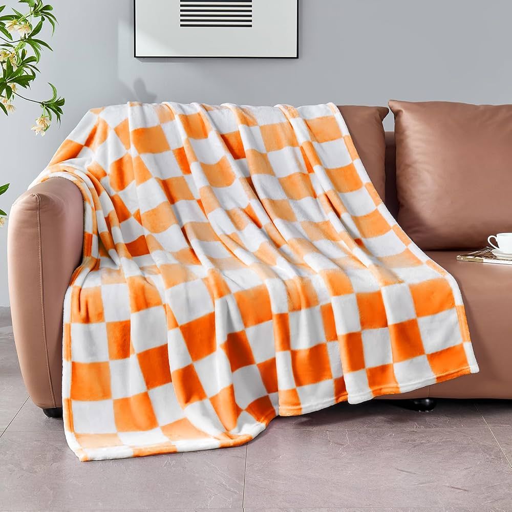 Orange Checkered Blanket, Soft Cozy Fleece Checkered Throw Blanket for Bed Sofa Couch Camping, Ultra Fluffy Throw Blankets for All Seasons (Orange) | Amazon (US)