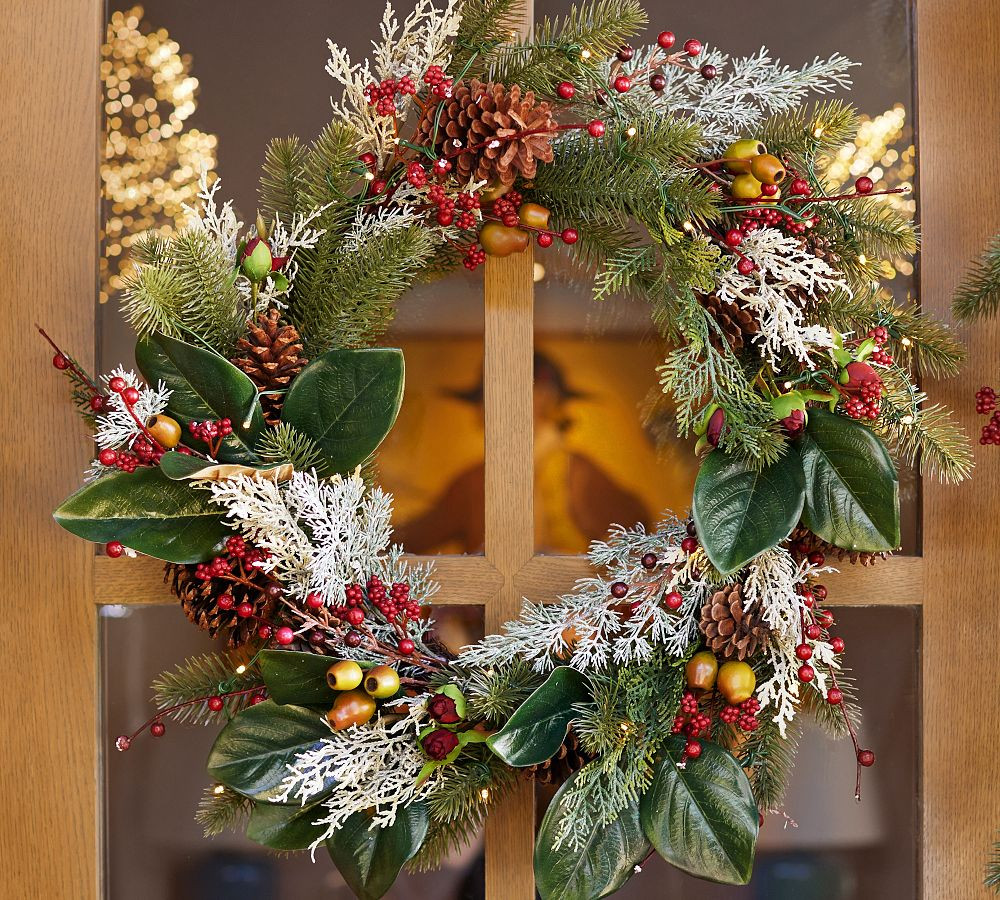 Lit Faux Pine and Berry Wreath & Garland | Pottery Barn (US)