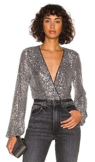 Sequin Wrap Bodysuit in Charcoal Sequin | Revolve Clothing (Global)