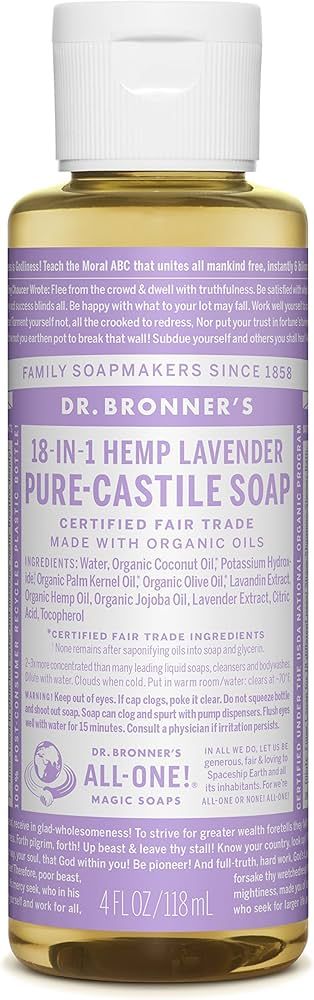 Dr. Bronner’s - Pure-Castile Liquid Soap (Lavender, 4 ounce) - Made with Organic Oils, 18-in-1 ... | Amazon (US)