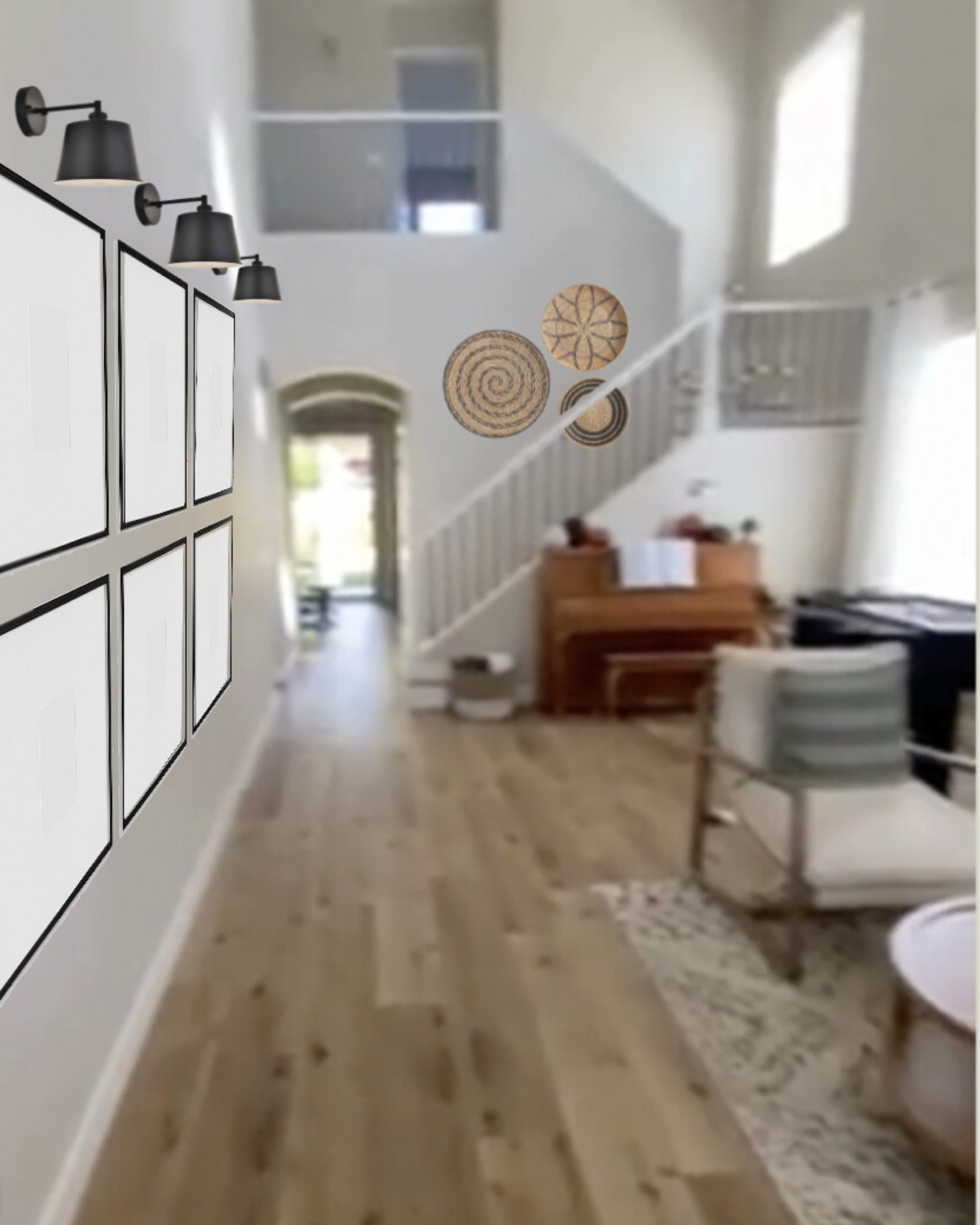 Thirsty Thursday design dilemma with long hallway gallery frame and stairwell decor with woven wall baskets 🫶🏼  

#LTKHome #LTKStyleTip