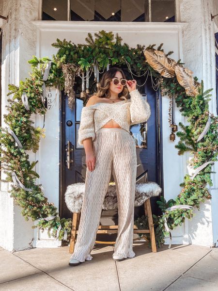SoCal Winter OOTD: monochromatic white outfit wearing cream colored plisse pants and a knit off the shoulder cross front sweater

#LTKunder100