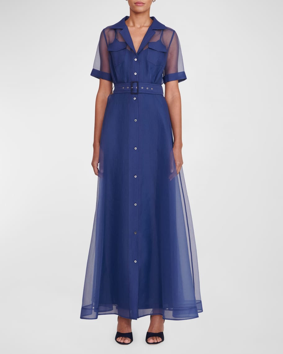 STAUD Millie Organza Short-Sleeve Belted Maxi Shirtdress | Neiman Marcus