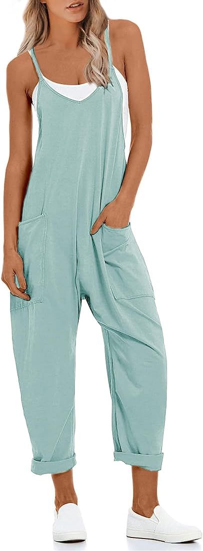 Huaqiao Jumpsuits for Women Long Harem Baggy Overalls Cotton Adjustable Straps with Big Pockets | Amazon (US)
