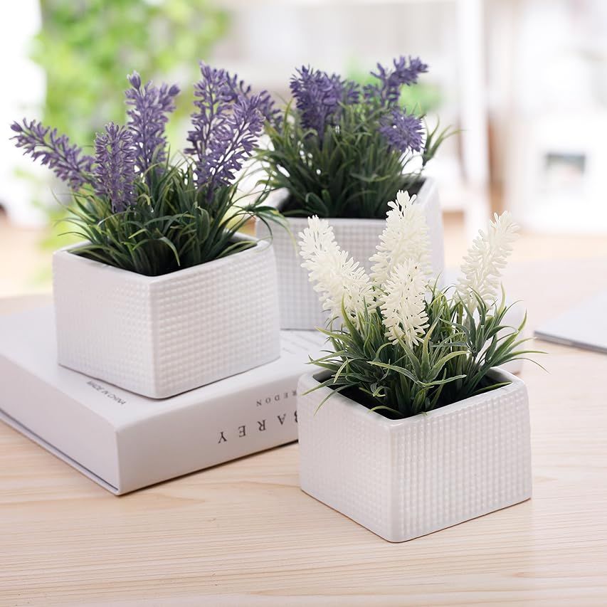 MyGift Set of 3 Artificial Purple and White Plants in White Textured Ceramic Pots/Faux Flower Tablet | Amazon (US)