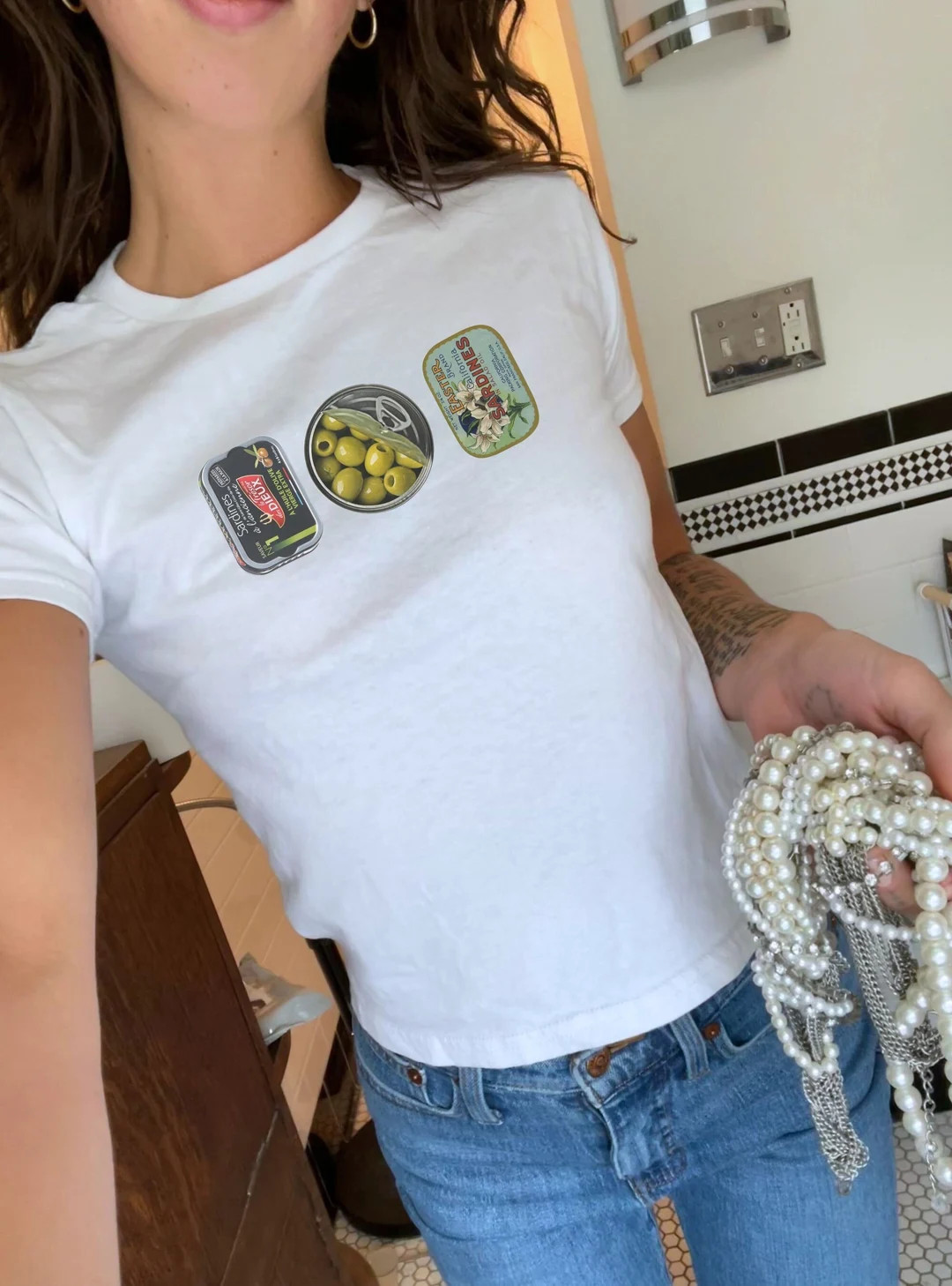 Tin Fish Y2K Baby Tee, Sardines Shirt, 90s Baby Tee, Downtown Girl Aesthetic, Seafood Collage Cro... | Etsy (US)