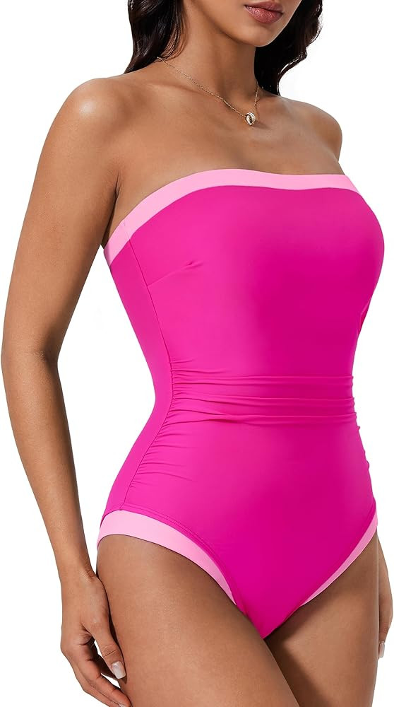 SUUKSESS Women One Piece Tummy Control Swimsuit Strapless Bandeau Bathing Suit | Amazon (US)