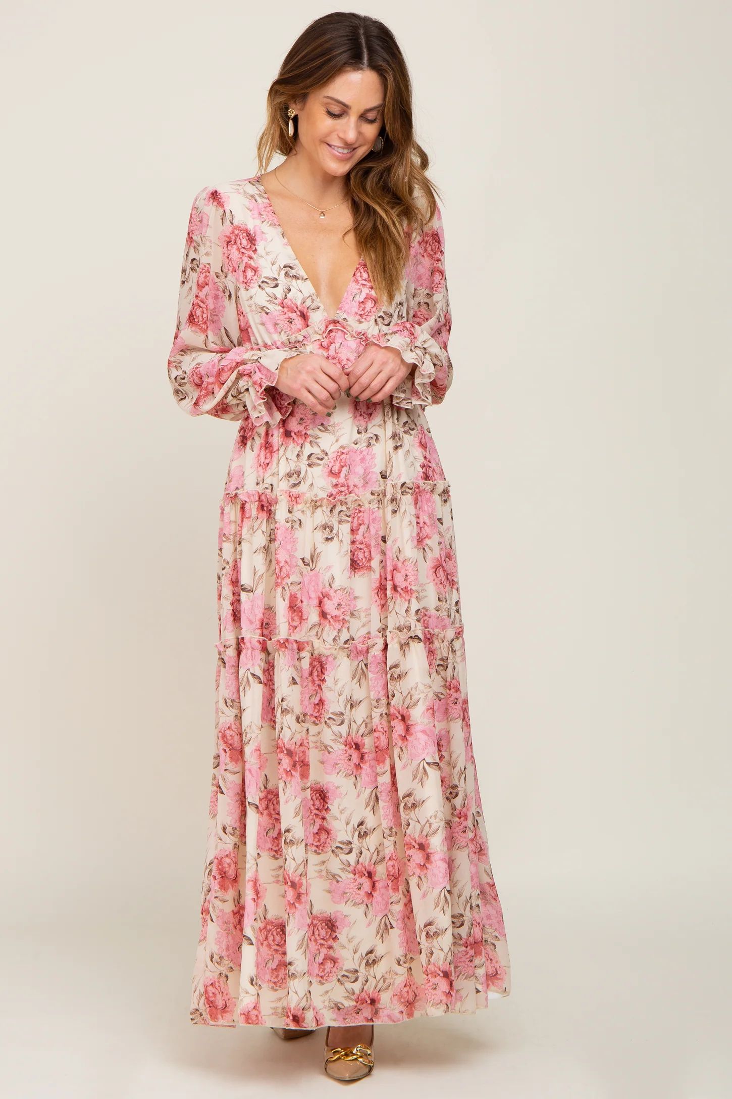 Ivory Floral Chiffon Ruffle Tiered Maxi Dress | PinkBlush Maternity