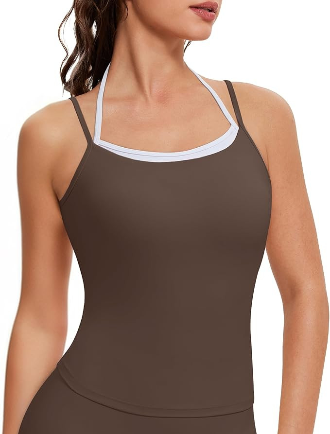 OMKAGI Halter Workout Tank Tops for Women Built in Bra Cute Layer Longline Sports Bras(S,28-Brown... | Amazon (US)
