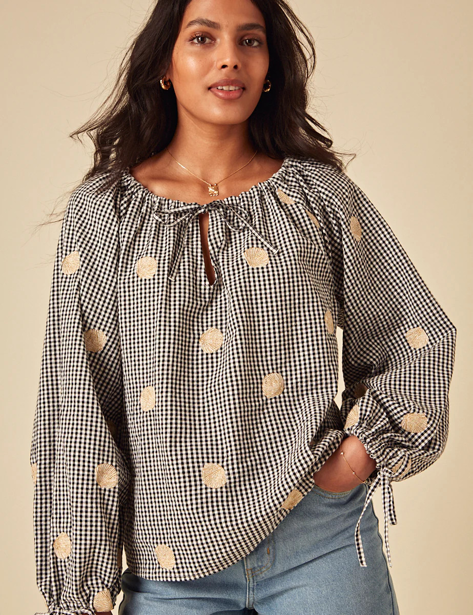 Elizabeth Scarlett Black Gingham Shell Embroidered Poet Blouse | Nobody's Child