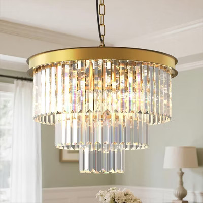 YANSUN 53.6 in. Modern 6-Light Gold Crystal Drum Chandelier with 3-Tier Clear Crystal Shade for Dining Room | Target