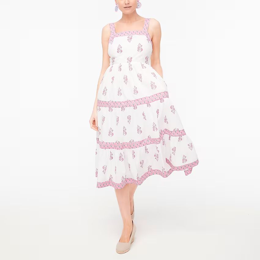 Block-print squareneck tiered midi dress | J.Crew Factory