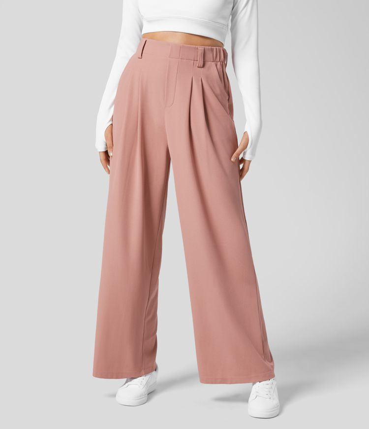 Women’s High Waisted Plicated Side Pocket Wide Leg Waffle Work Pants - Halara | HALARA