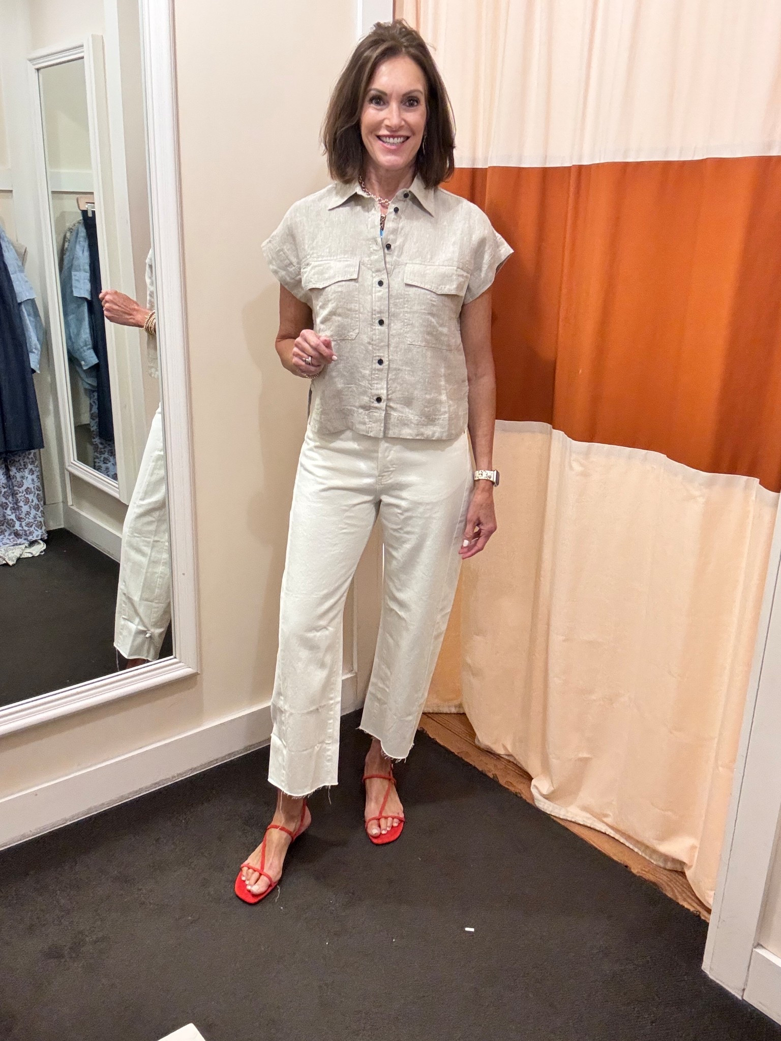 Linen top - M
Barrel jeans - 28 Reg
(Ordered 28 tall) 

Summer outfitt

#LTKStyleTip #LTKSaleAlert #LTKxMadewell