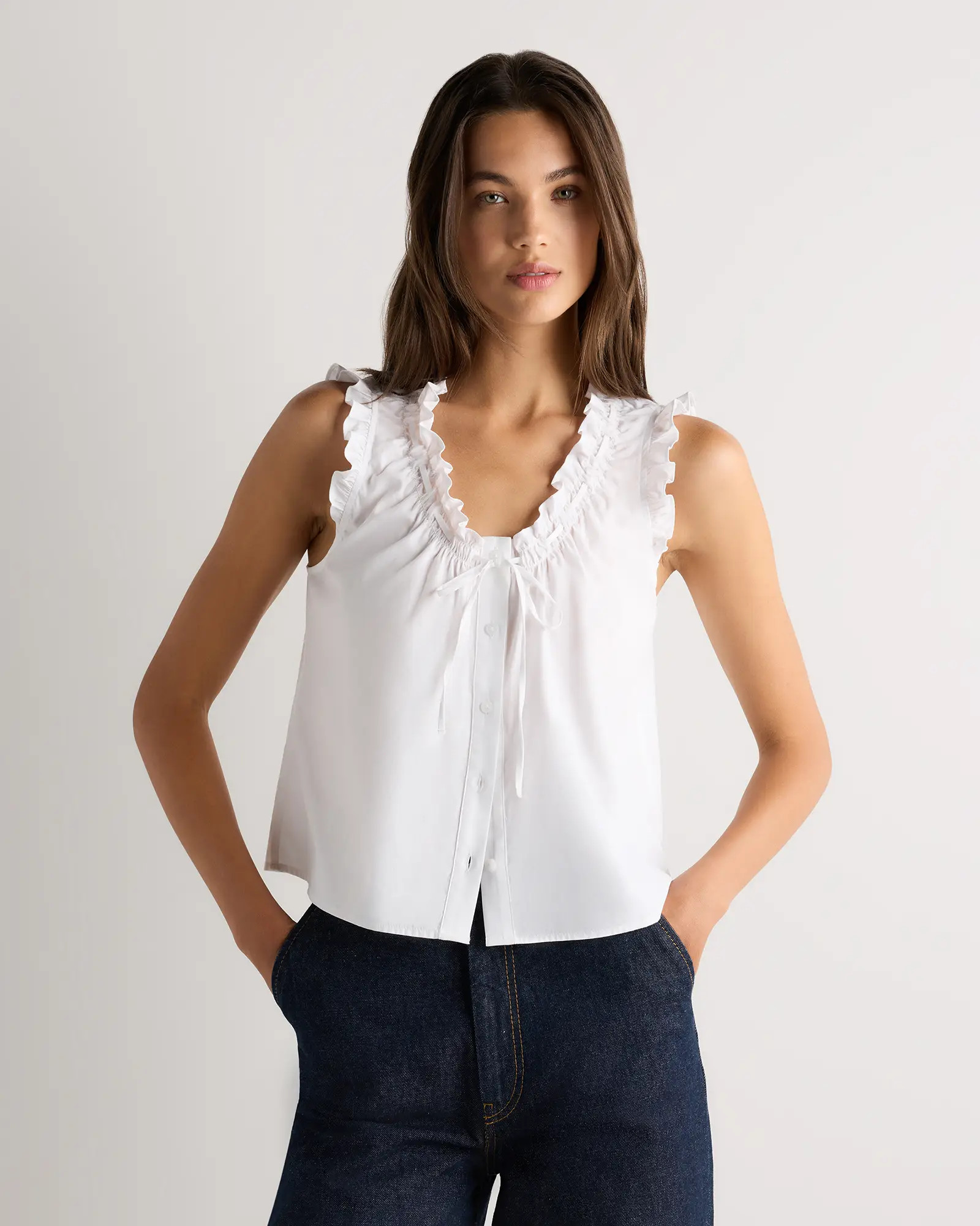 Cotton Viscose Voile Ruffle Trim Tank in Classic White | Quince