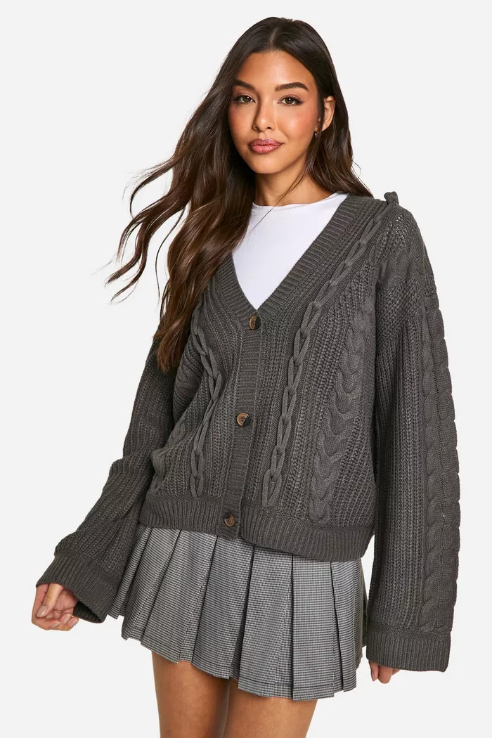 Cable Knitted V Neck Cardigan | Boohoo.com (UK & IE)