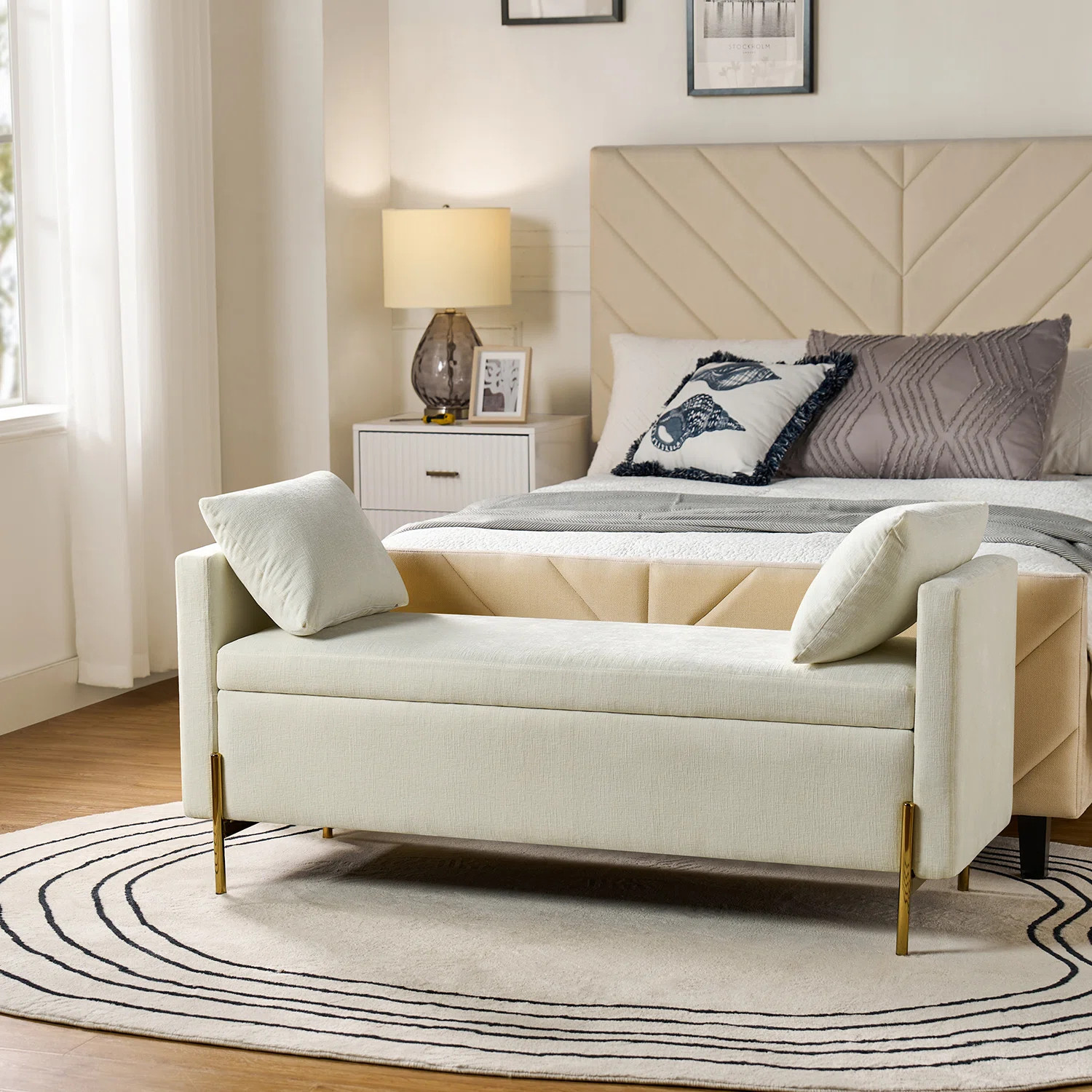 Aristides 56''W Upholstered Flip Top Bench with Subdivided Storage and Toss Pillows | Wayfair North America