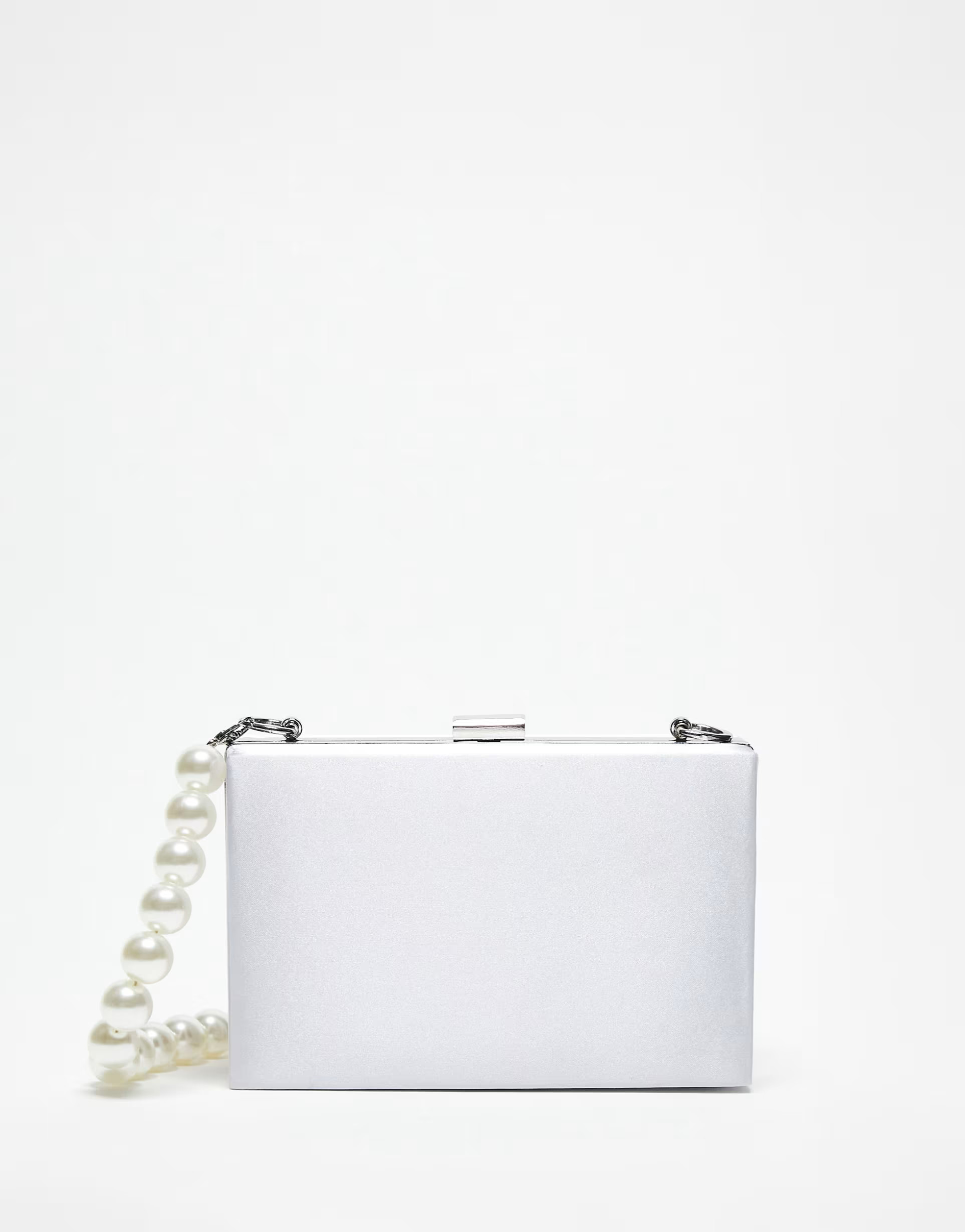 True Decadence structured box clutch bag in silver satin with pearl handle | ASOS (Global)