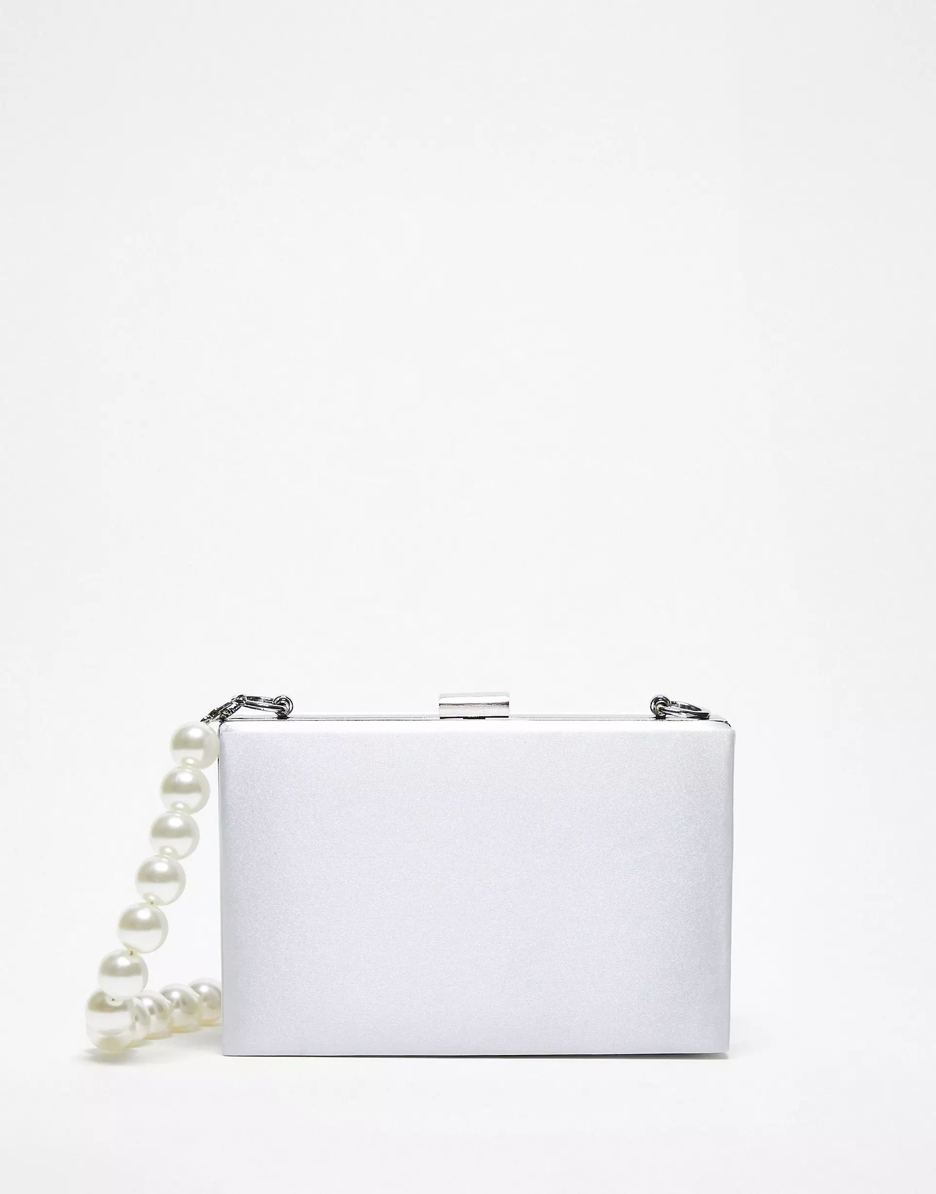 True Decadence structured box clutch bag in silver satin with pearl handle | ASOS (Global)